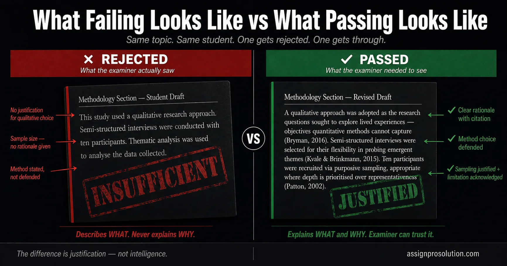 rejected dissertation methodology example vs improved version side by side comparison