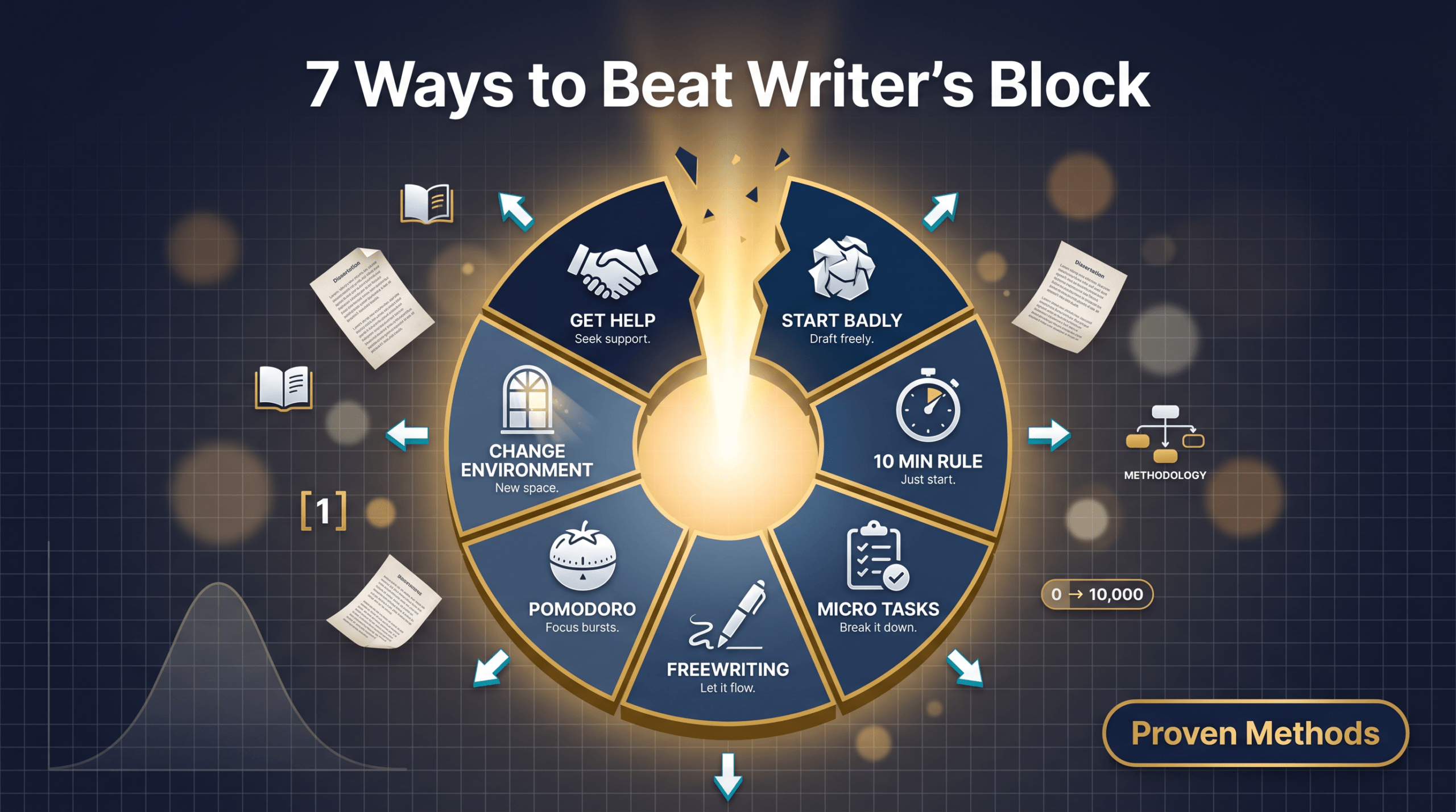 7 methods to overcome dissertation writer’s block including pomodoro freewriting and micro tasks