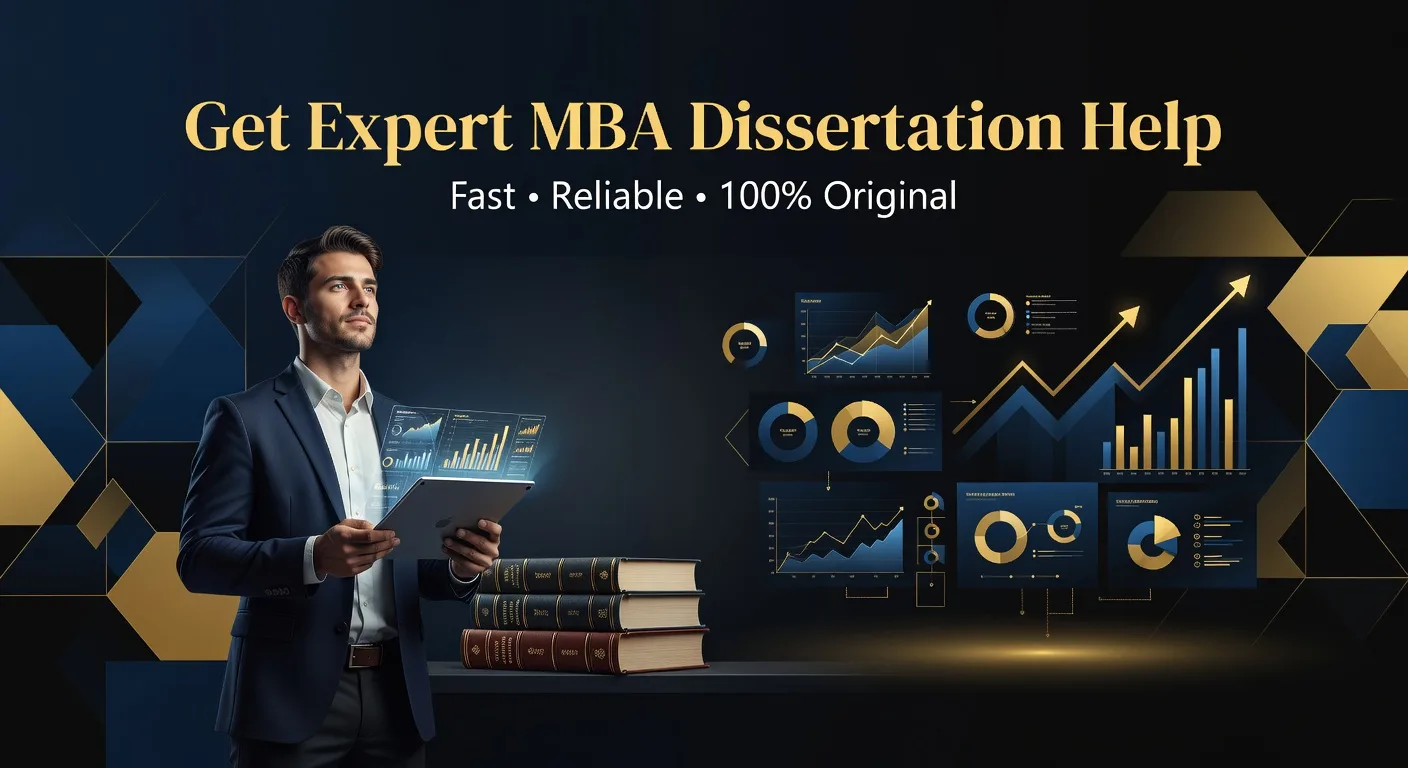 professional MBA dissertation help banner with student and business analytics visuals