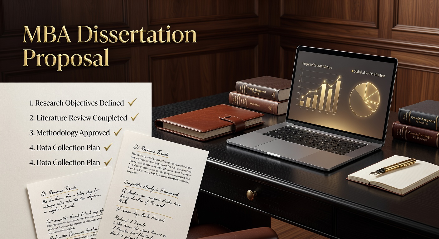 MBA dissertation proposal example with checklist research notes and academic workspace
