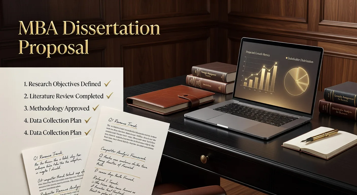 MBA dissertation proposal example with checklist research notes and academic workspace
