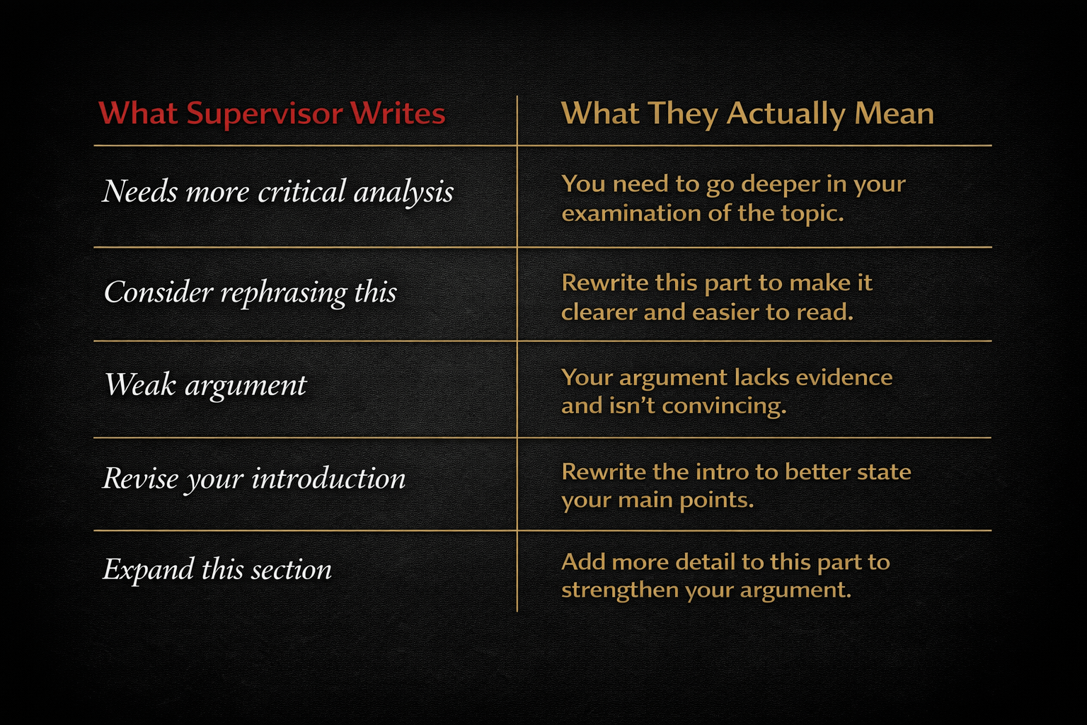 supervisor feedback on dissertation hidden meanings decoded table