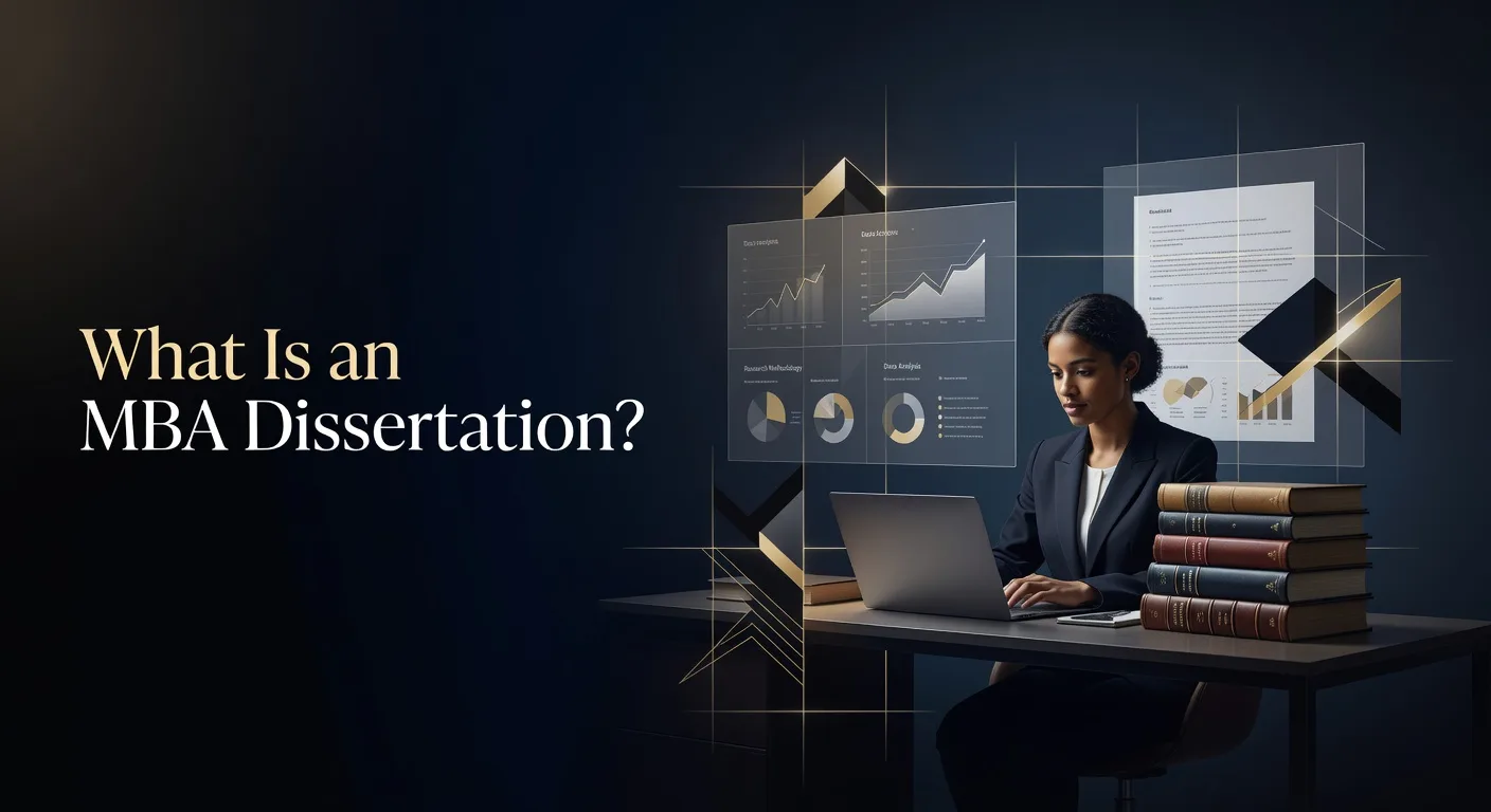 MBA dissertation help for international students showing research workspace and business analytics