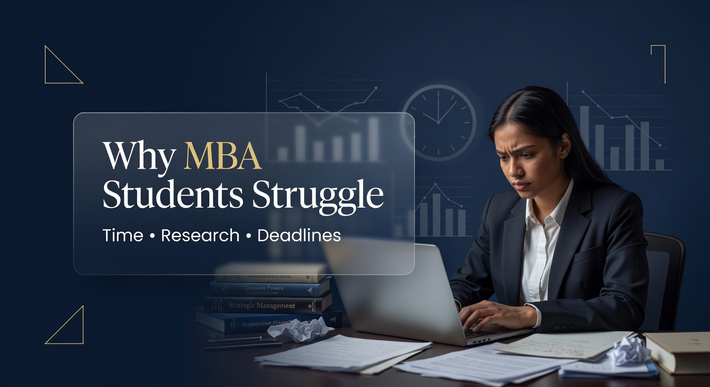 stressed MBA student working on dissertation with deadline clock and research papers