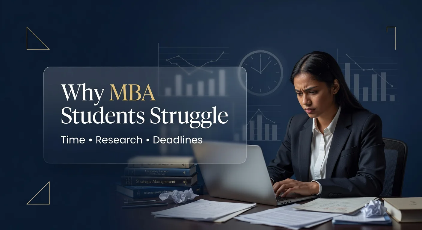 stressed MBA student working on dissertation with deadline clock and research papers