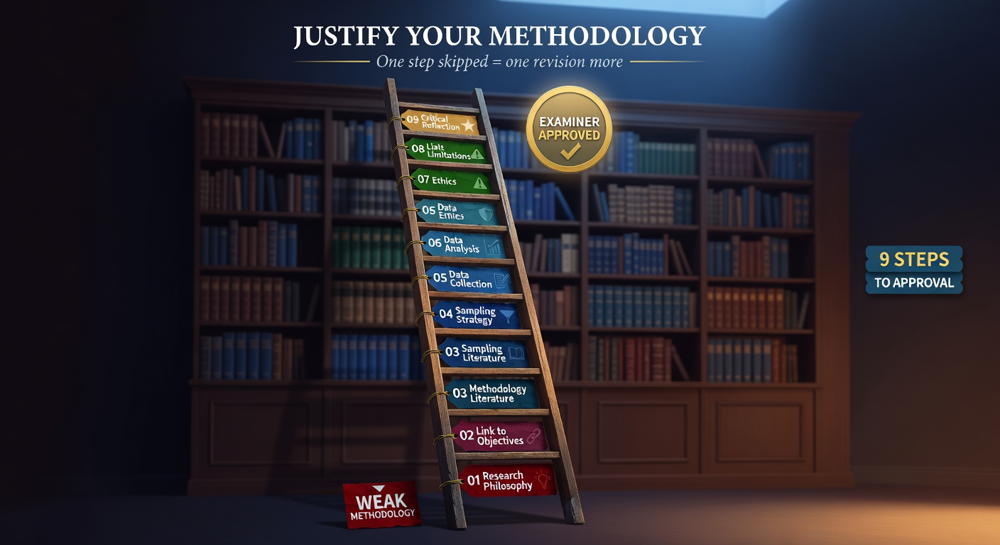 Infographic showing 9 steps to justify research methodology as a ladder from weak methodology at bottom to examiner approval at top