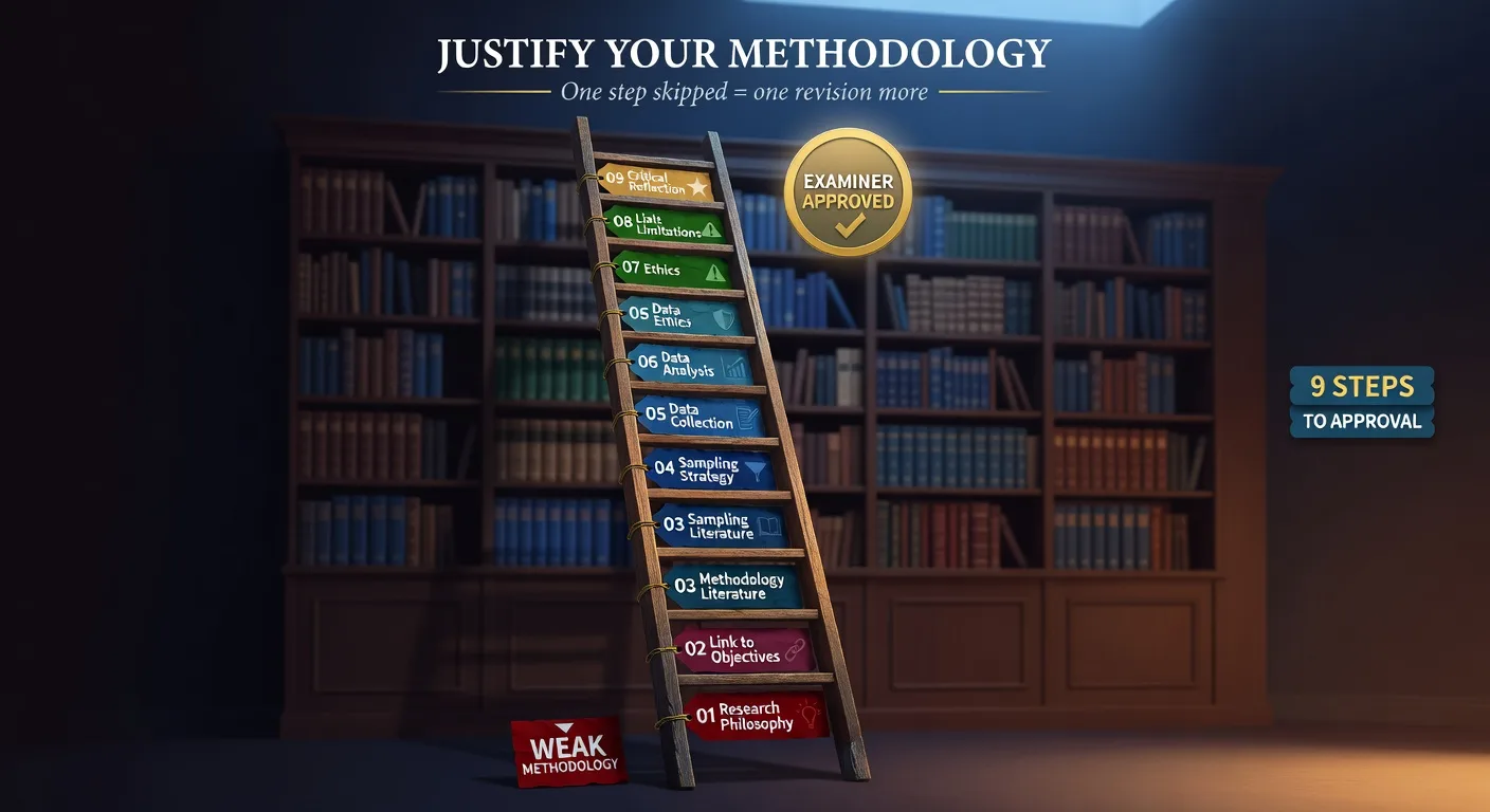 Infographic showing 9 steps to justify research methodology as a ladder from weak methodology at bottom to examiner approval at top