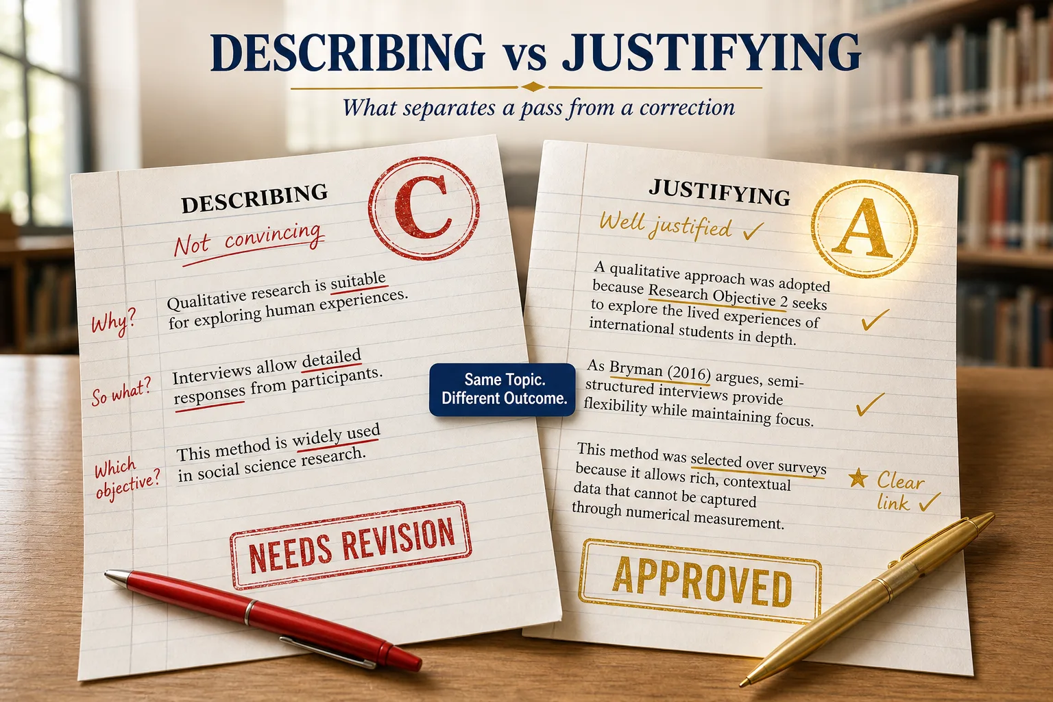 Two dissertation pages side by side showing difference between describing and justifying research methodology
