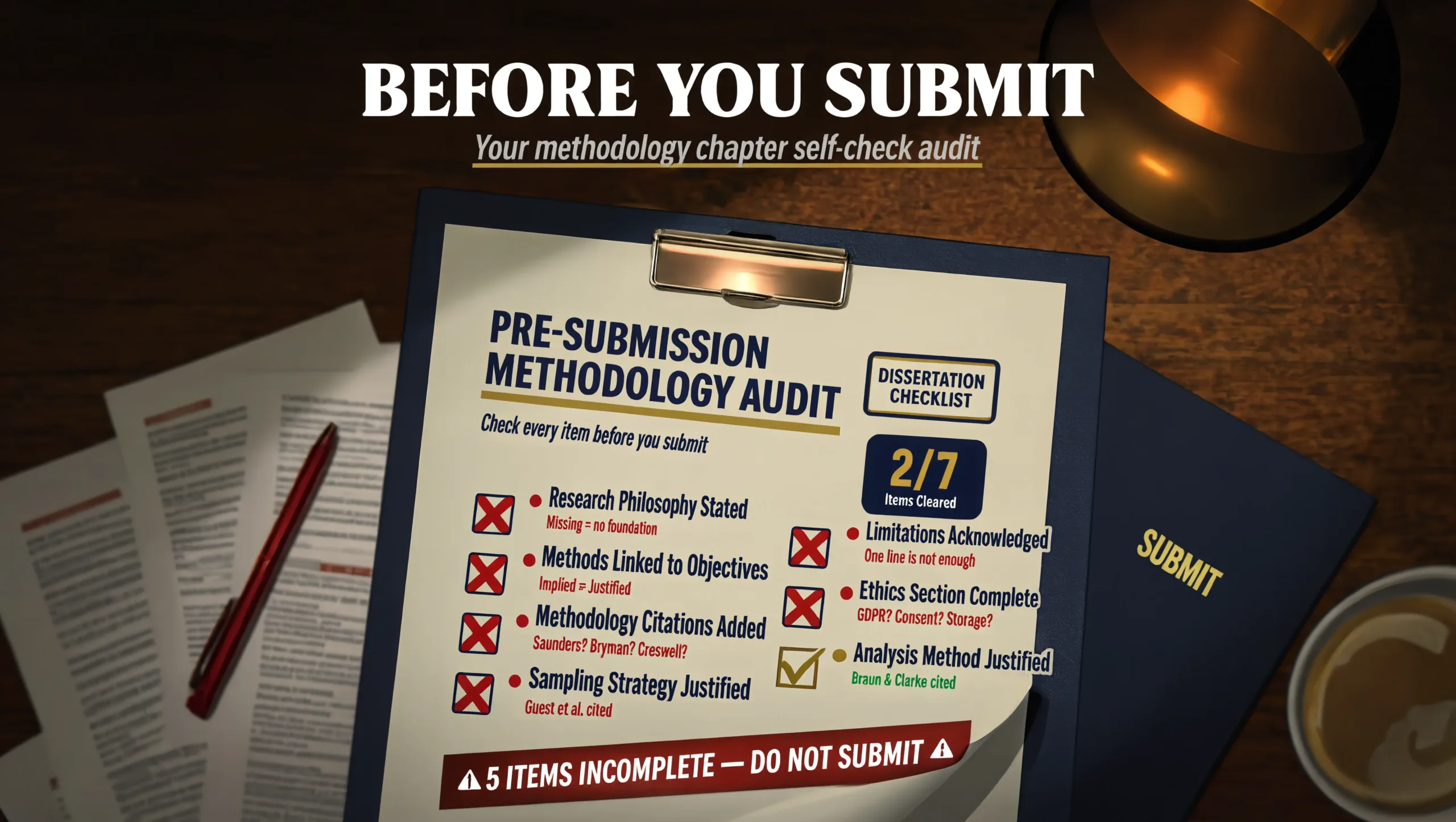 Pre-submission checklist infographic showing 7 methodology errors to fix before submitting dissertation with red and green checkboxes