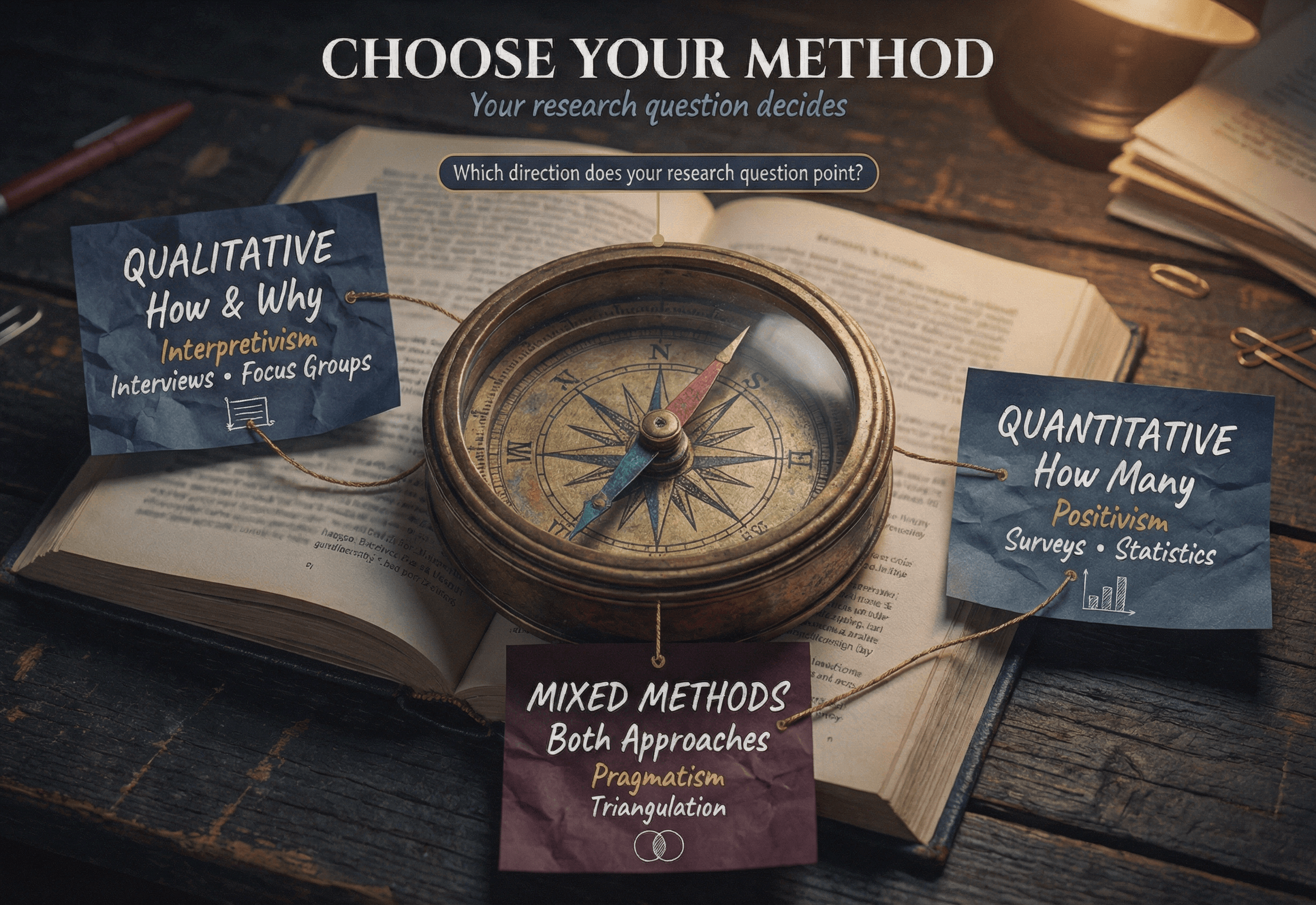 Research compass infographic showing three directions for qualitative quantitative and mixed methods research methodology with key characteristics