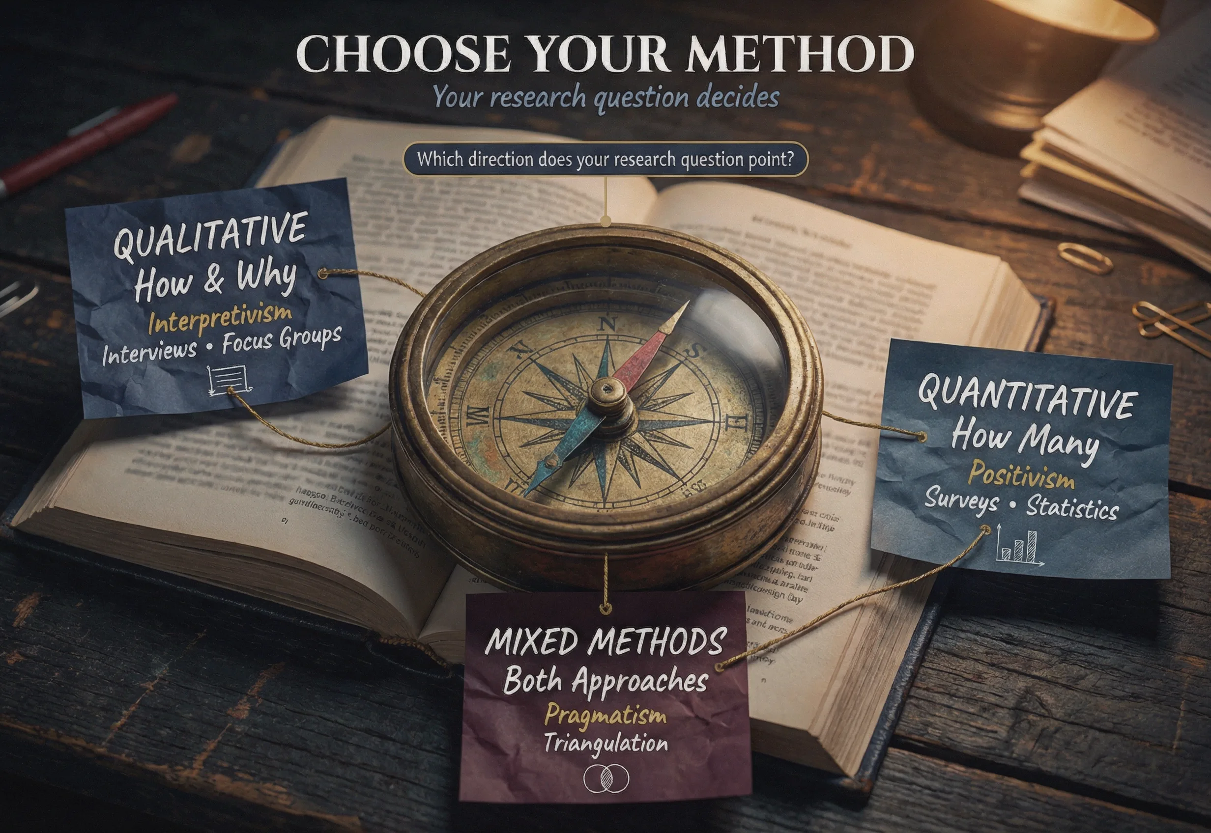 Research compass infographic showing three directions for qualitative quantitative and mixed methods research methodology with key characteristics