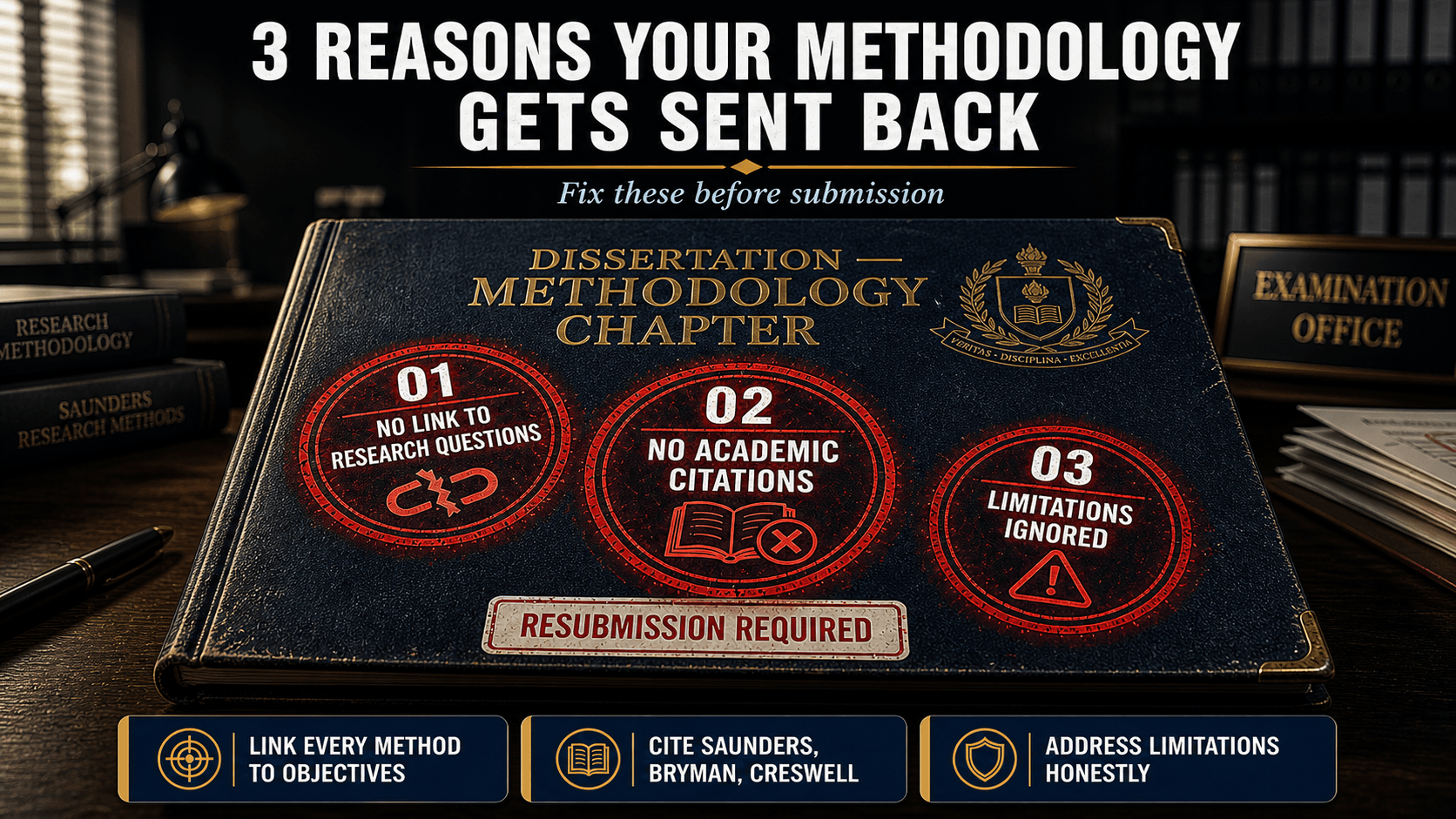 Infographic showing top 3 reasons dissertation methodology chapter gets rejected by examiners with red rejection stamps