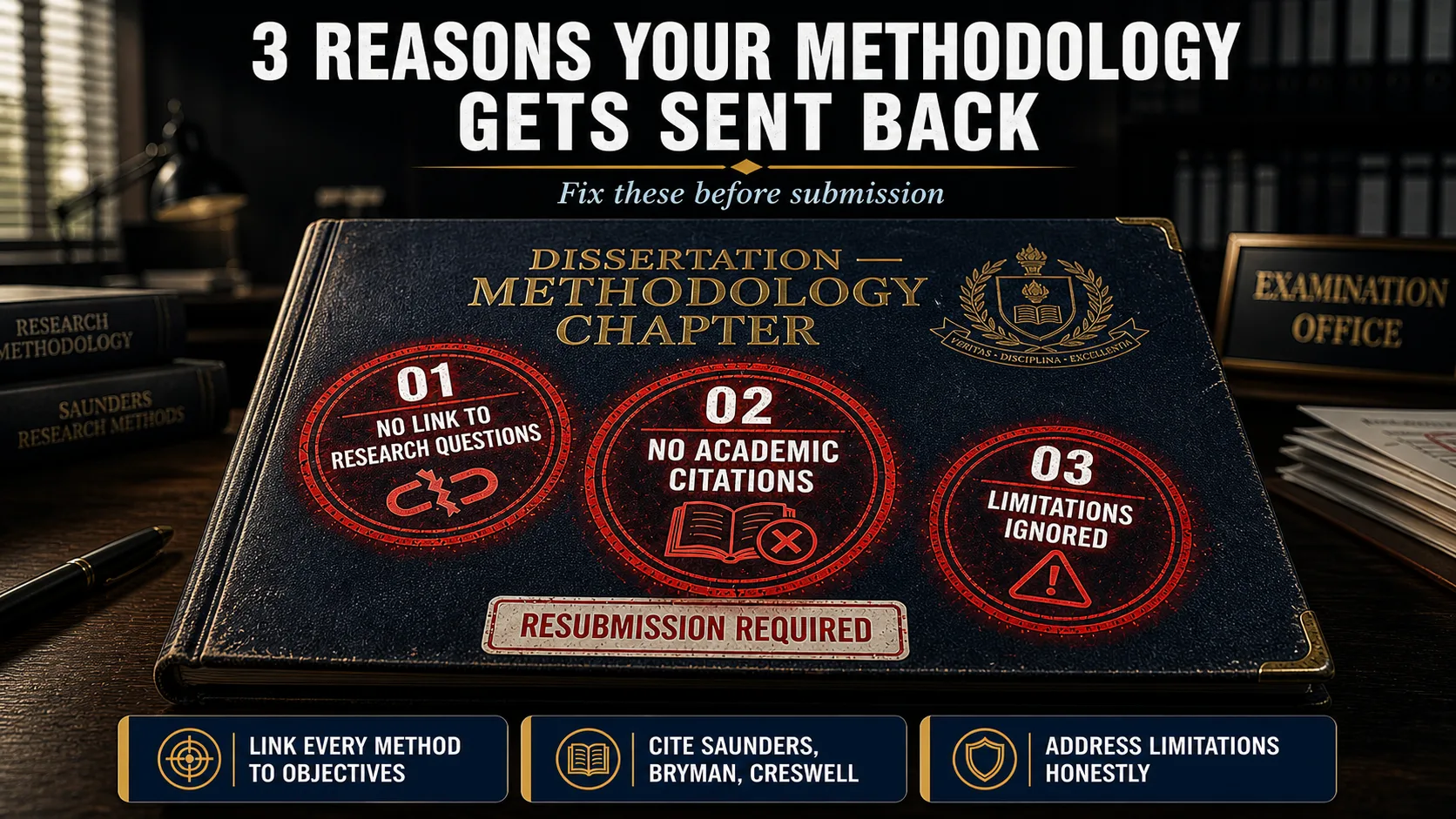 Infographic showing top 3 reasons dissertation methodology chapter gets rejected by examiners with red rejection stamps