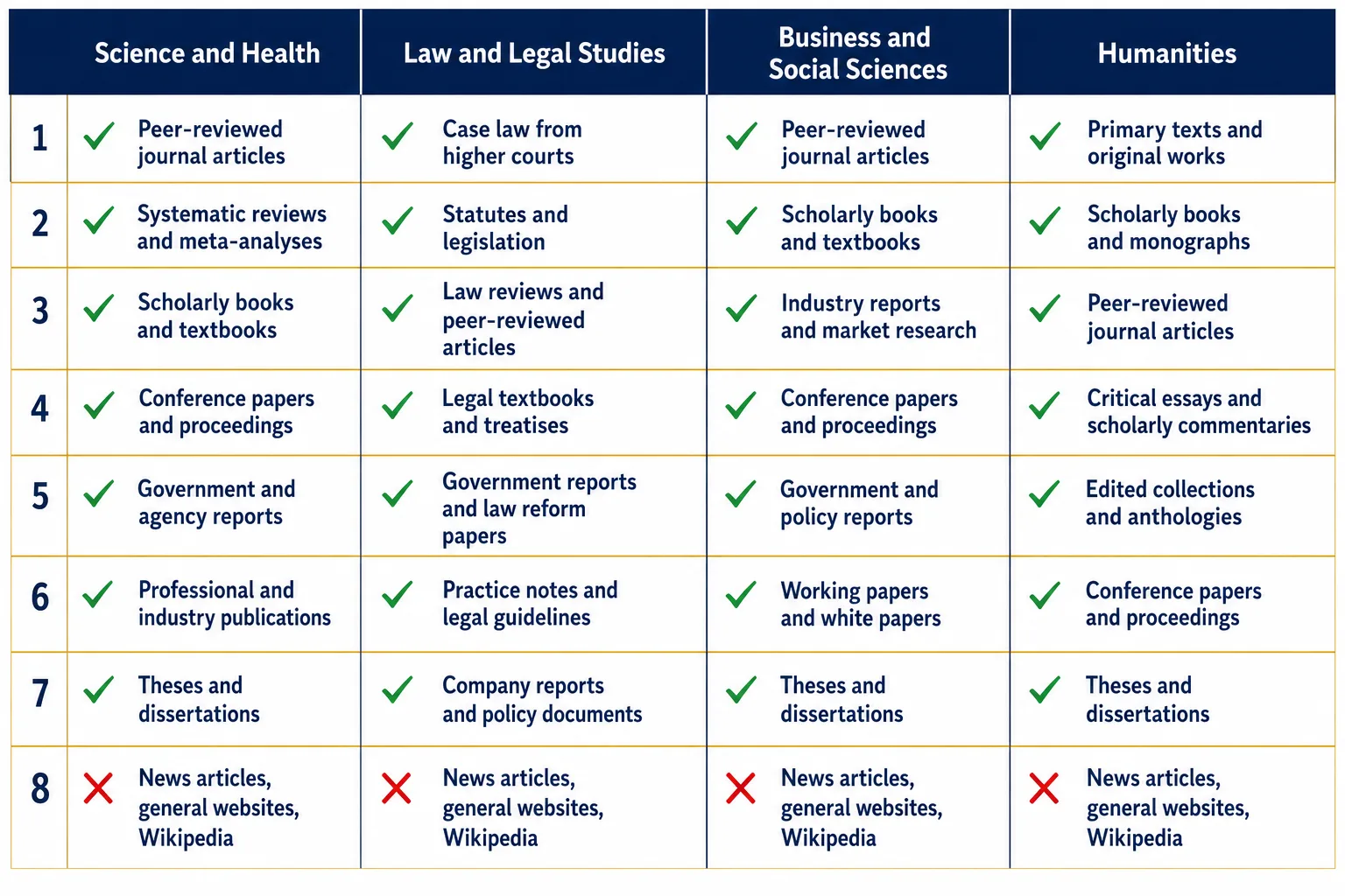 Four-column academic reference chart ranking acceptable source types from strongest to weakest across Science and Health, Law and Legal Studies, Business and Social Sciences, and Humanities — with green checkmarks on peer-reviewed sources and red X markers on news articles, general websites, and Wikipedia.