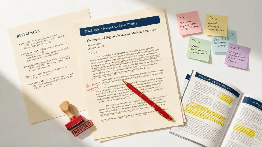 Flat-lay illustration of a printed university essay with "not enough evidence" written in red ink in the margin, surrounded by a reference list, sticky notes labeled Fix 1 through Fix 5, and highlighted academic journal articles.