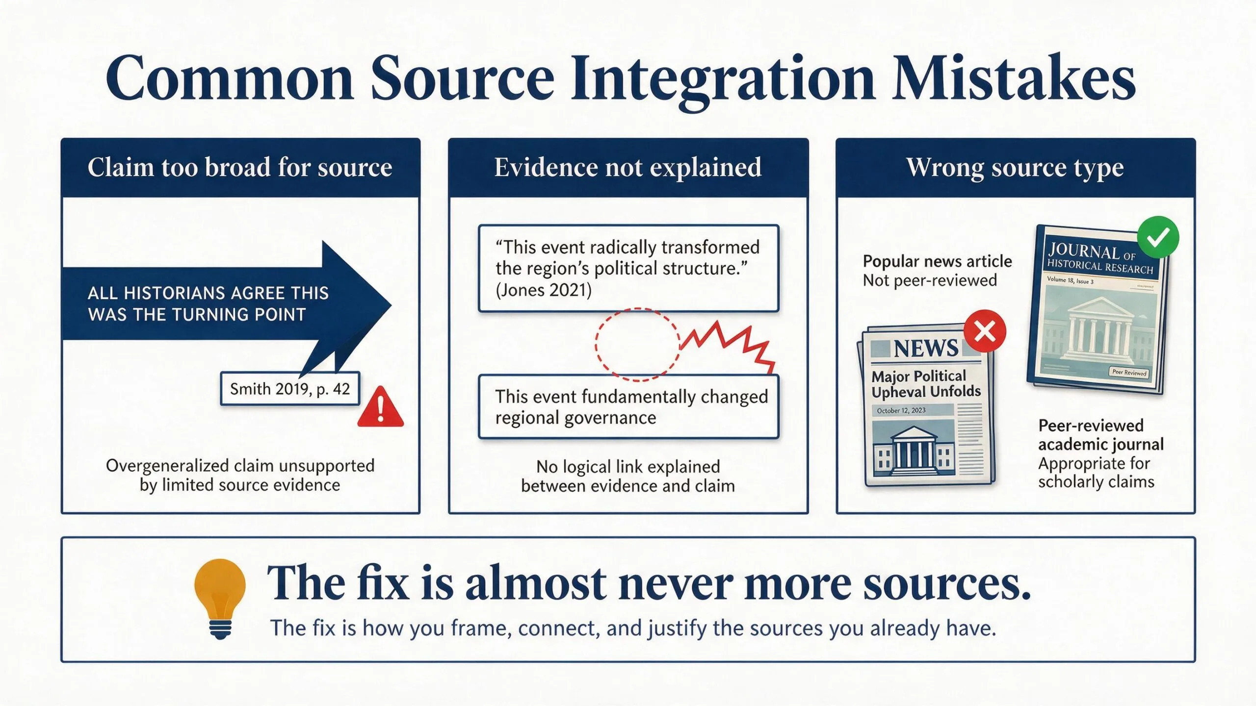 Academic infographic showing three panels: claim too broad for the source, evidence not explained, and wrong source type for the discipline — illustrating what professors mean when they write "not enough evidence" on an essay.