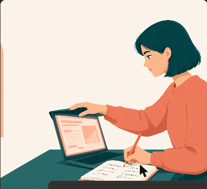 Illustration of a student closing a laptop source and writing confidently from memory, representing fixing patchwriting before submission