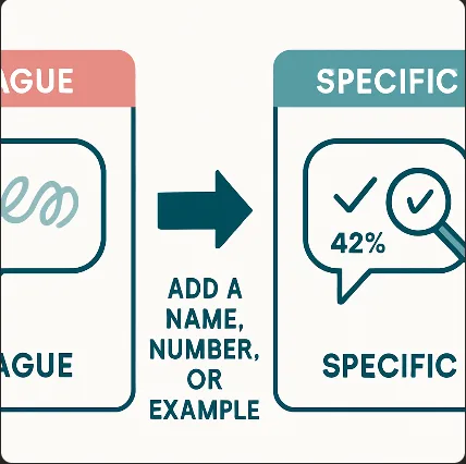 Diagram showing how to fix writing that is too vague, not specific enough, by adding a name, number, or example