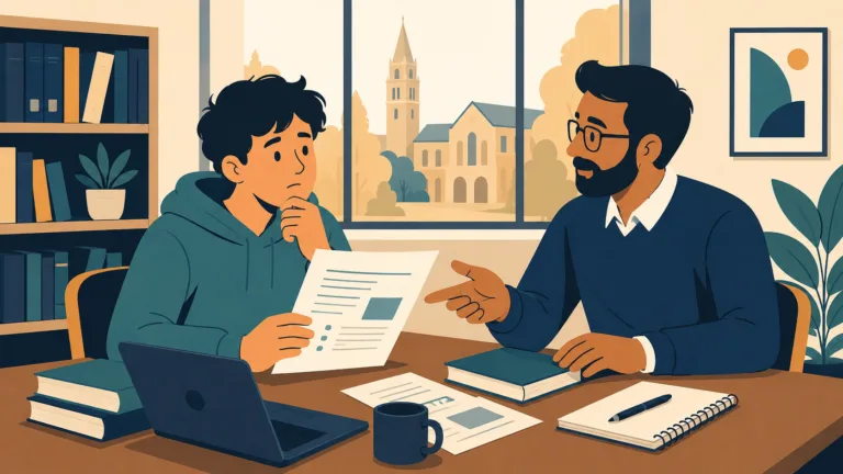 A university student and a confident academic tutor sitting across from each other at a desk with an assignment brief between them at the moment clarity is about to land