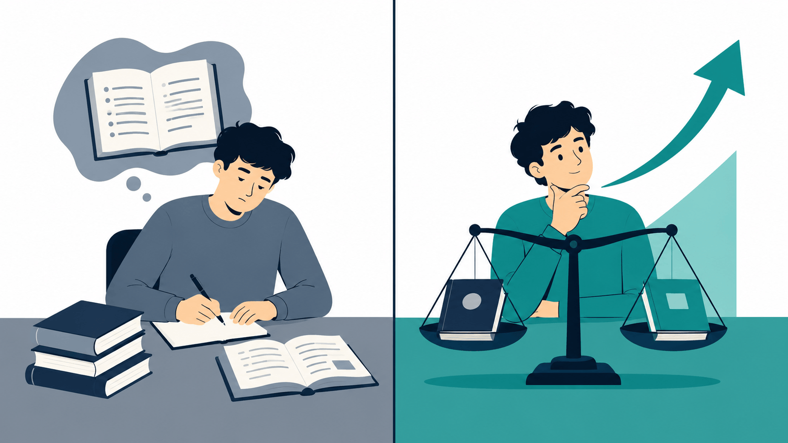 A split illustration contrasting a student passively copying notes on the left with a student actively weighing two books on a balance scale on the right
