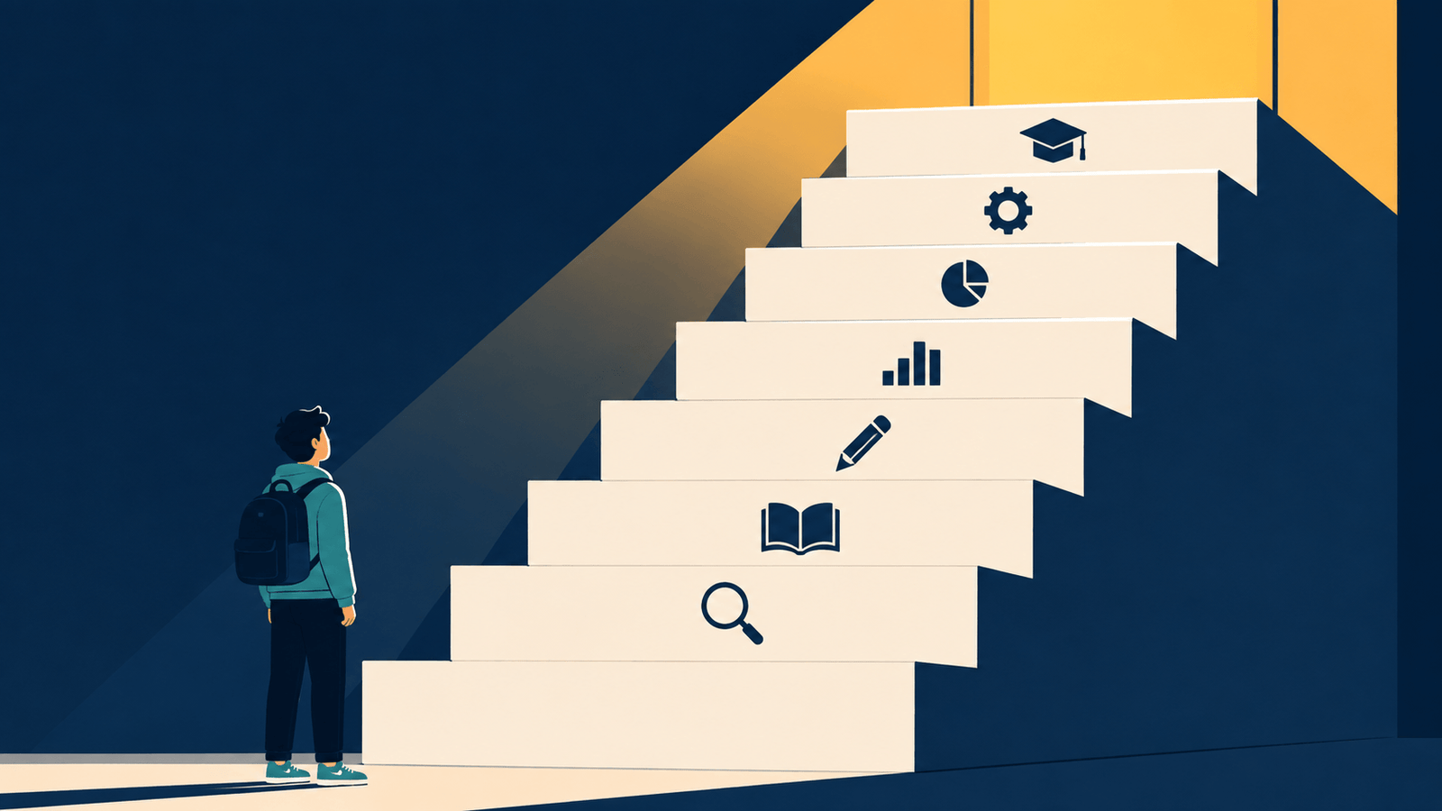 A university student standing at the base of a large staircase with dissertation milestones on each step looking upward with quiet determination
