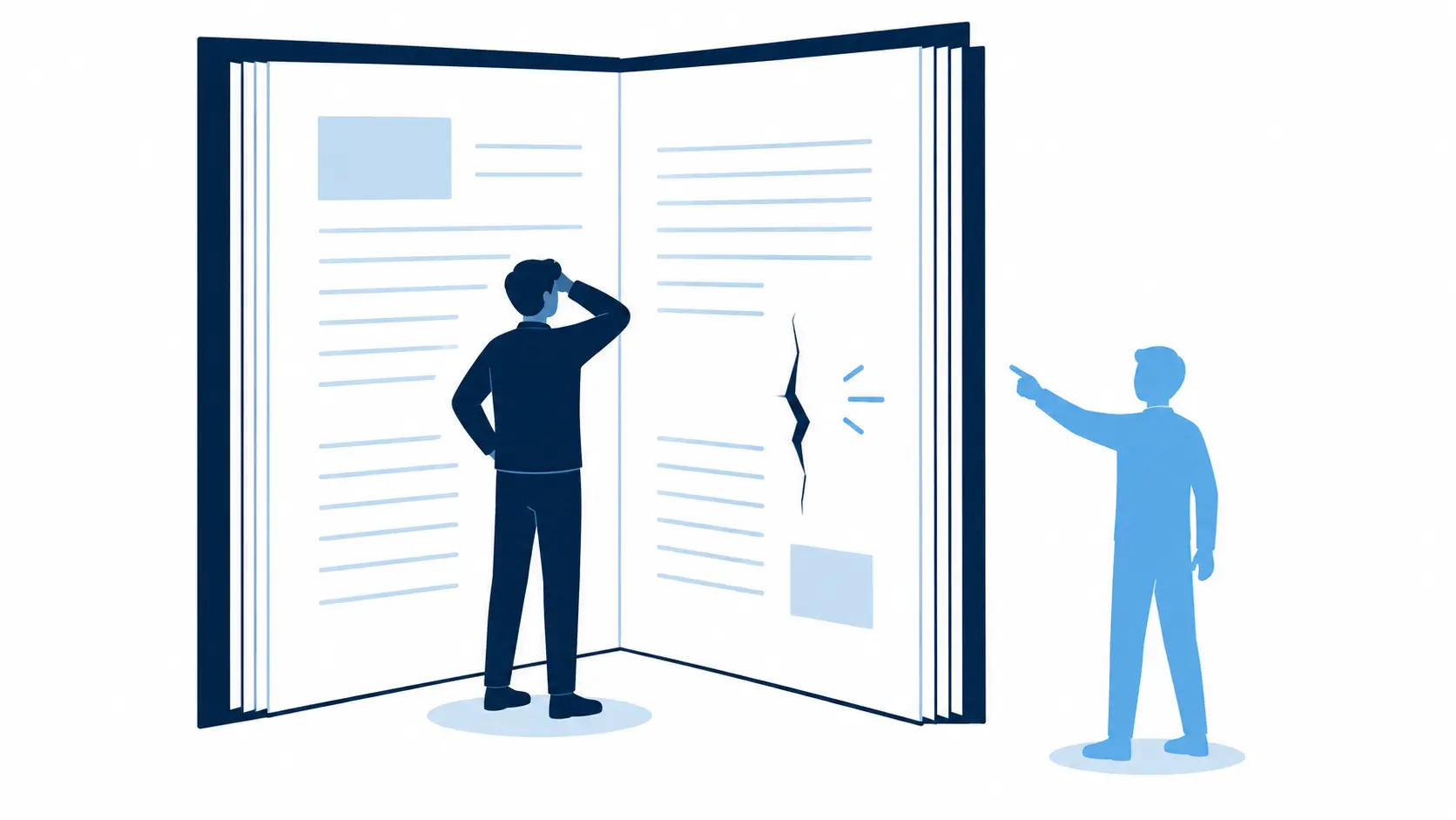 Figure inside a book unable to see a gap that an outside perspective can spot clearly