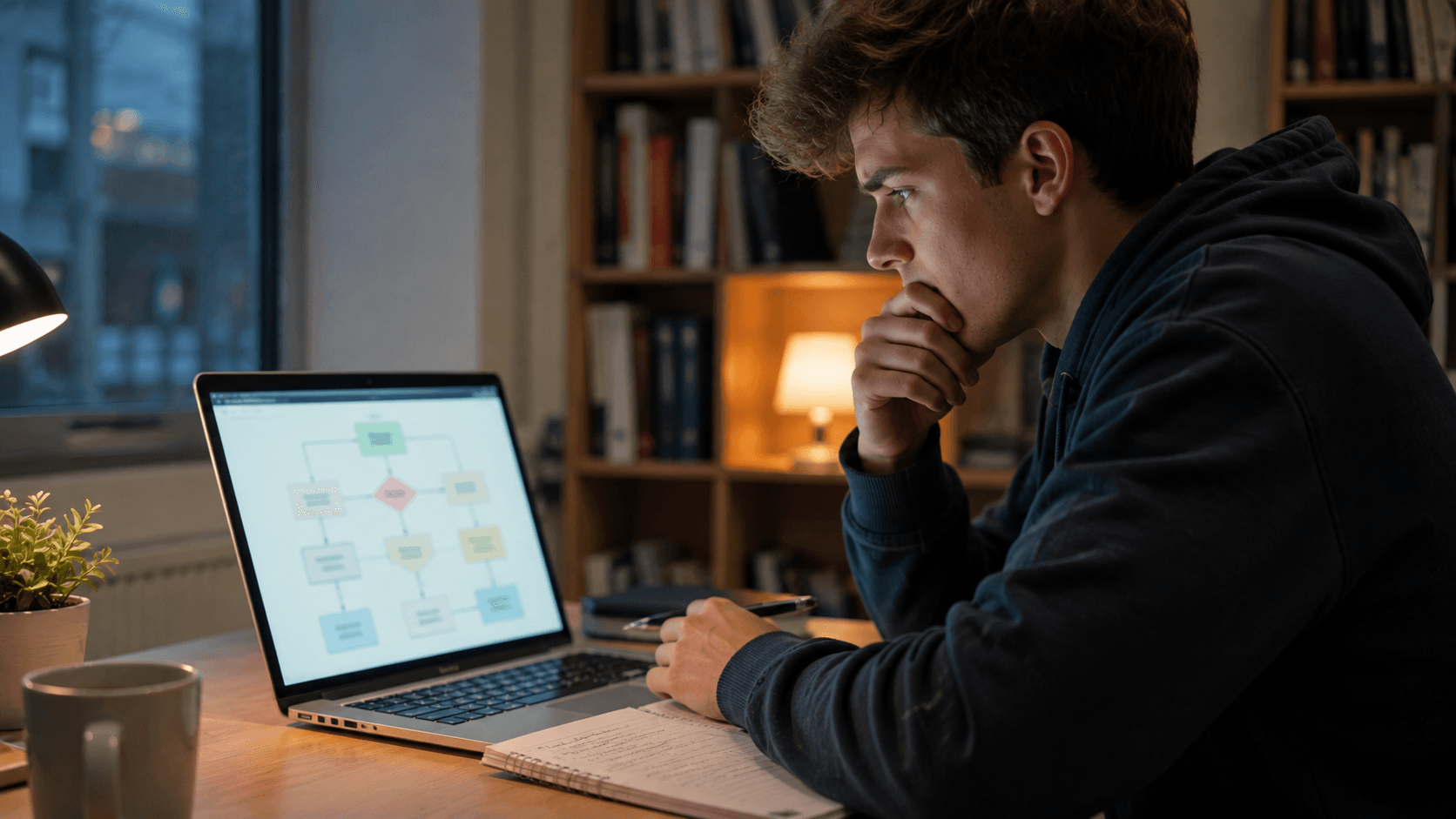UK student looking confused at a dissertation methodology flowchart on laptop screen, considering academic tutoring