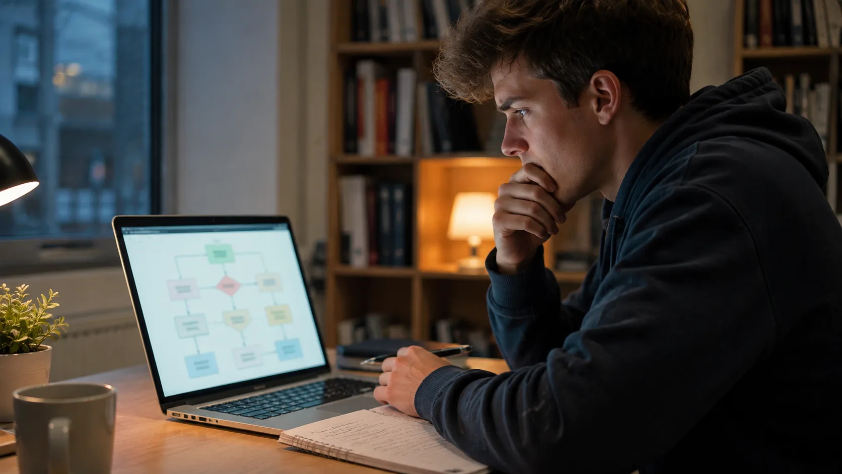 UK student looking confused at a dissertation methodology flowchart on laptop screen, considering academic tutoring