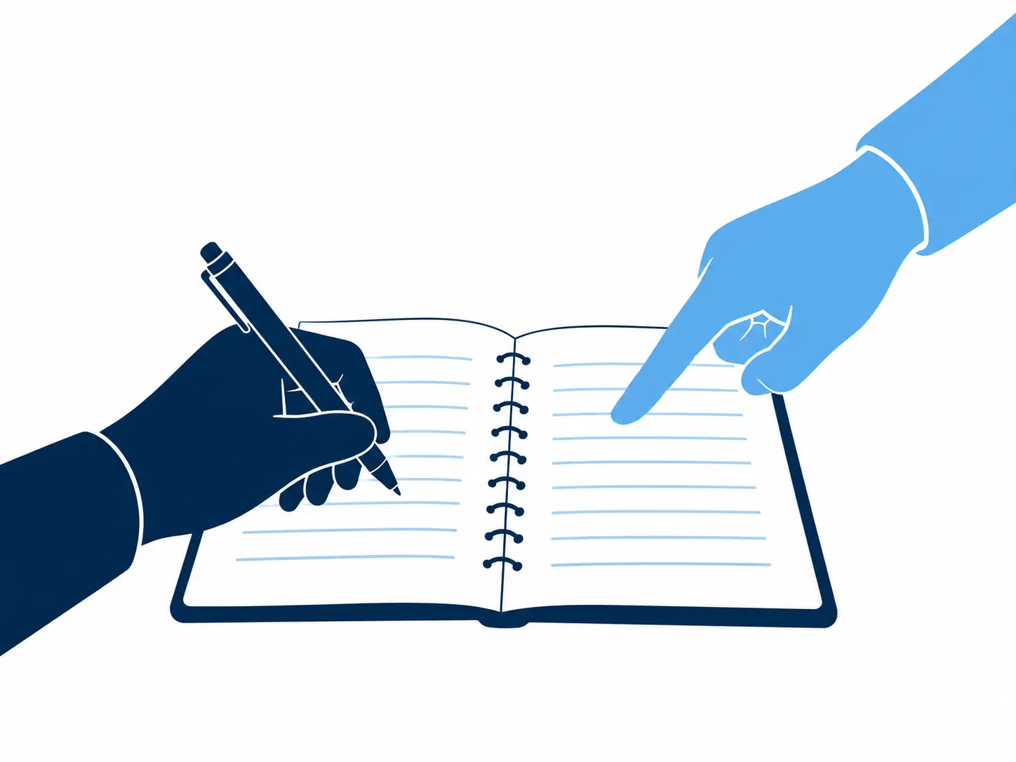 Two hands over a notebook representing supportive guidance while the student remains the author