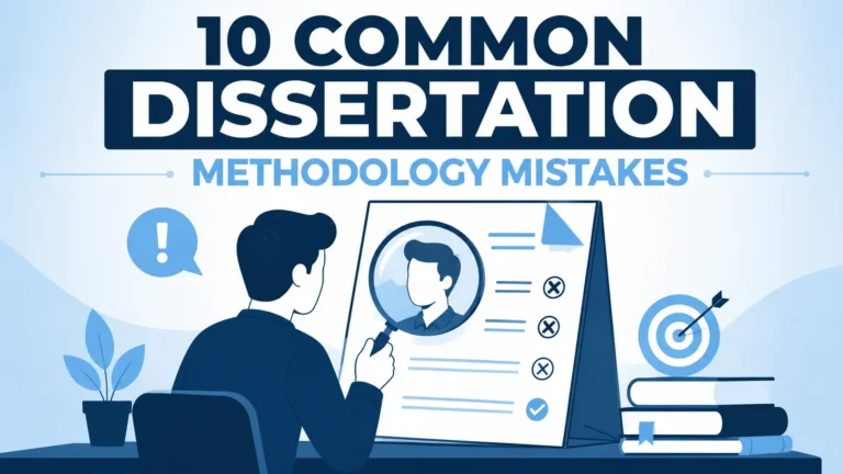 Person examining their own dissertation methodology through a magnifying glass, representing self-review