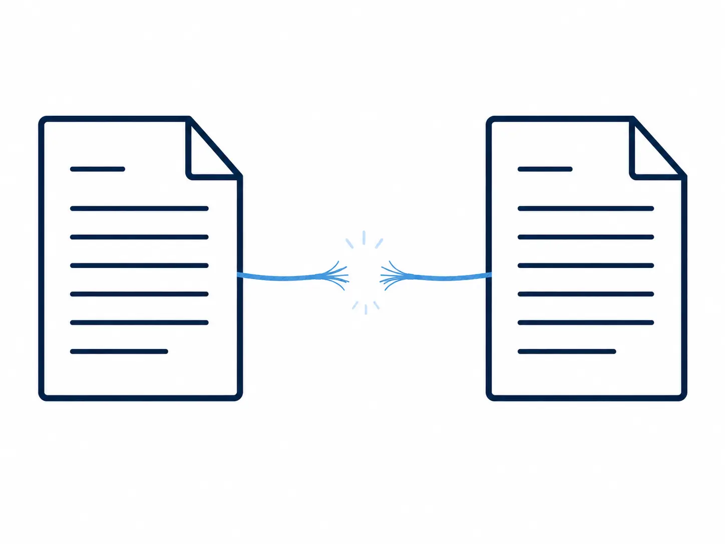 Two document pages connected by a frayed thread representing a disconnect between chapters