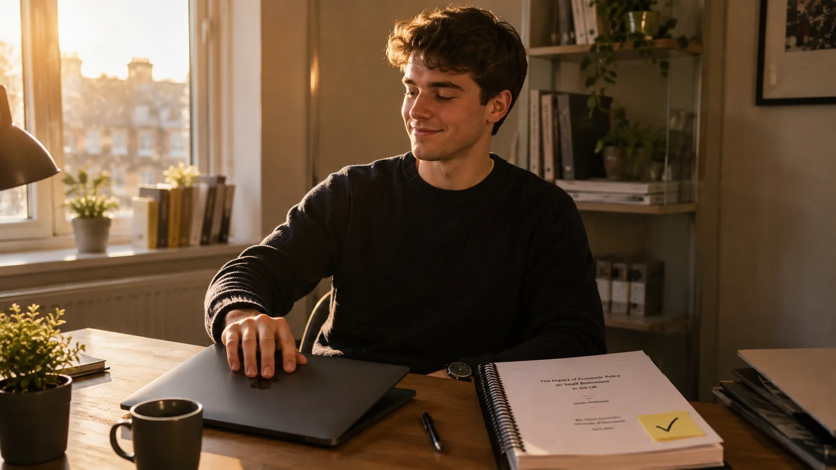 UK university student at their desk with a completed, printed dissertation and closed laptop, confident after submission