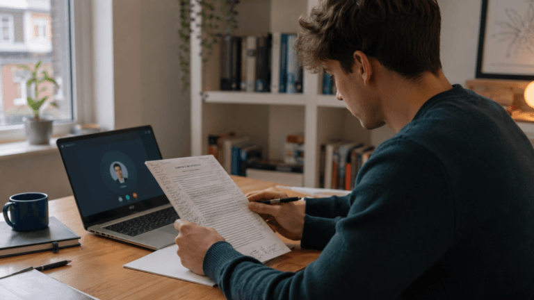 UK university student reviewing dissertation chapter with tutor video call open on laptop