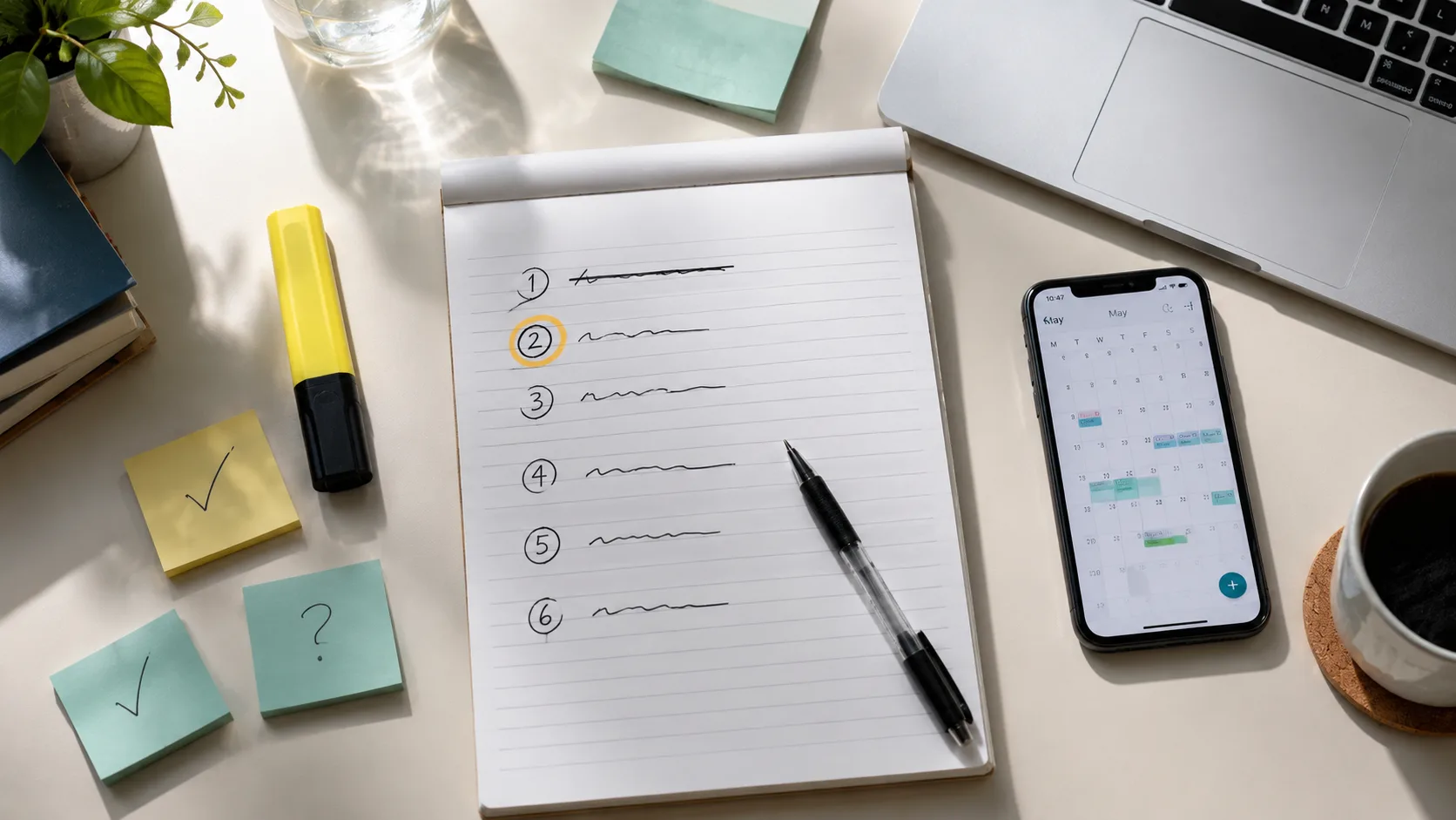 Student's desk with a numbered planning checklist and calendar app for choosing a dissertation tutor in the UK