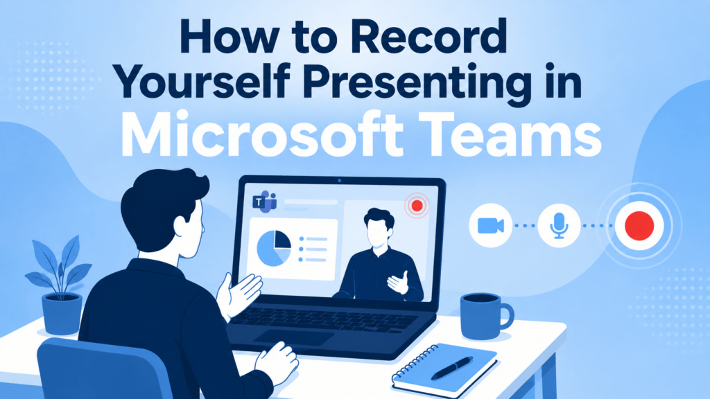 Blog header showing a person alone recording a presentation in Microsoft Teams with active recording indicator
