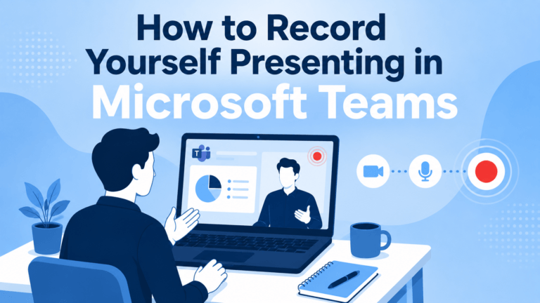 Blog header showing a person alone recording a presentation in Microsoft Teams with active recording indicator