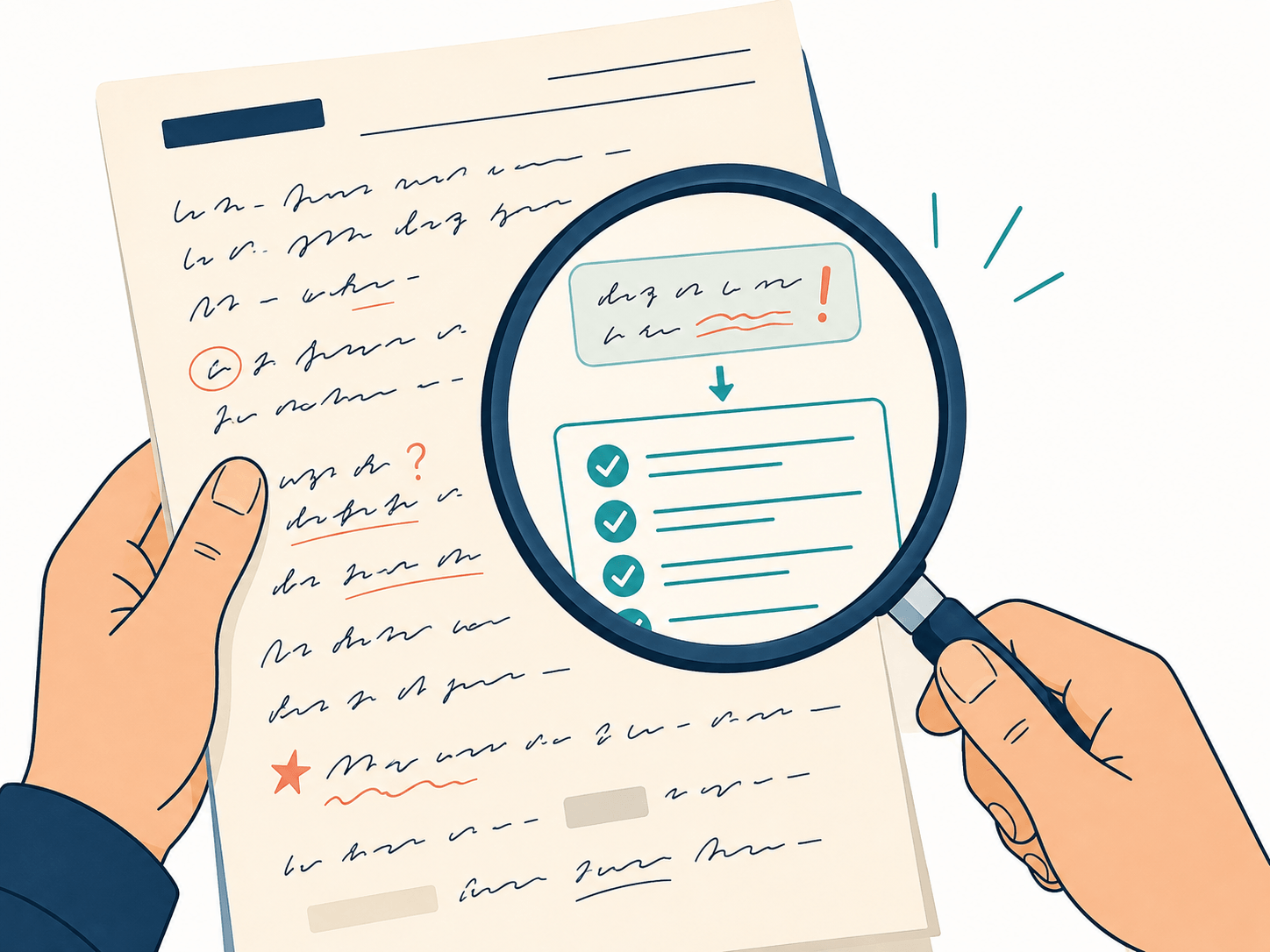 A student holding a feedback sheet with a magnifying glass transforming a dense academic comment into a clear actionable checklist item