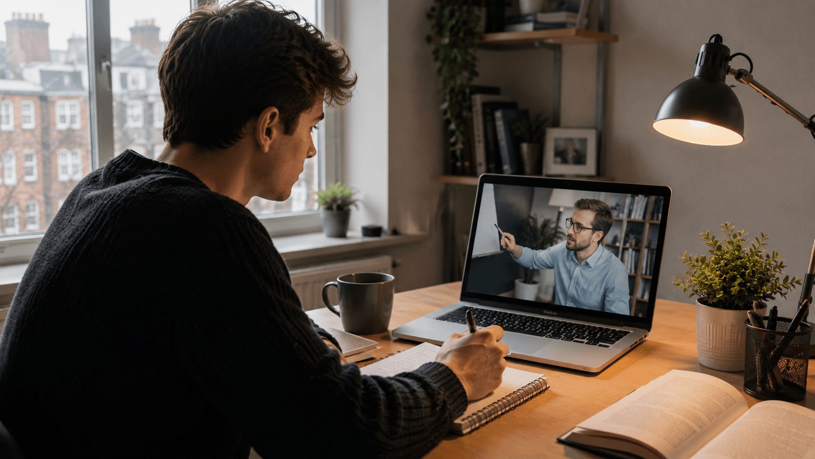 UK student in a home study setup having an online dissertation tutoring session via video call