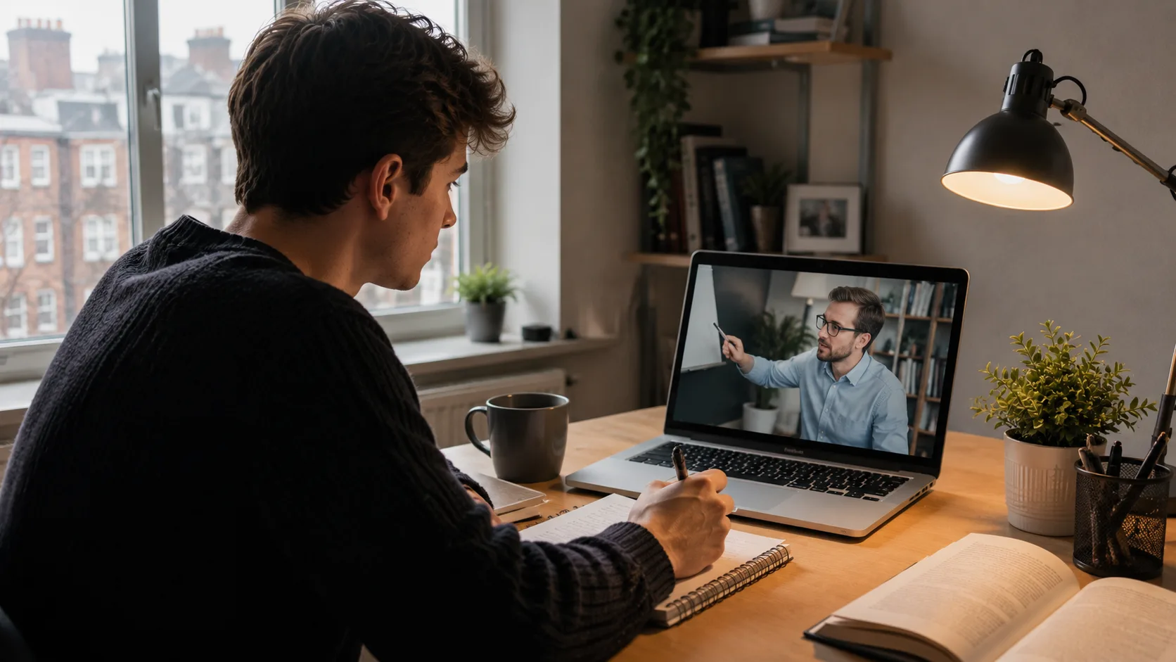 UK student in a home study setup having an online dissertation tutoring session via video call