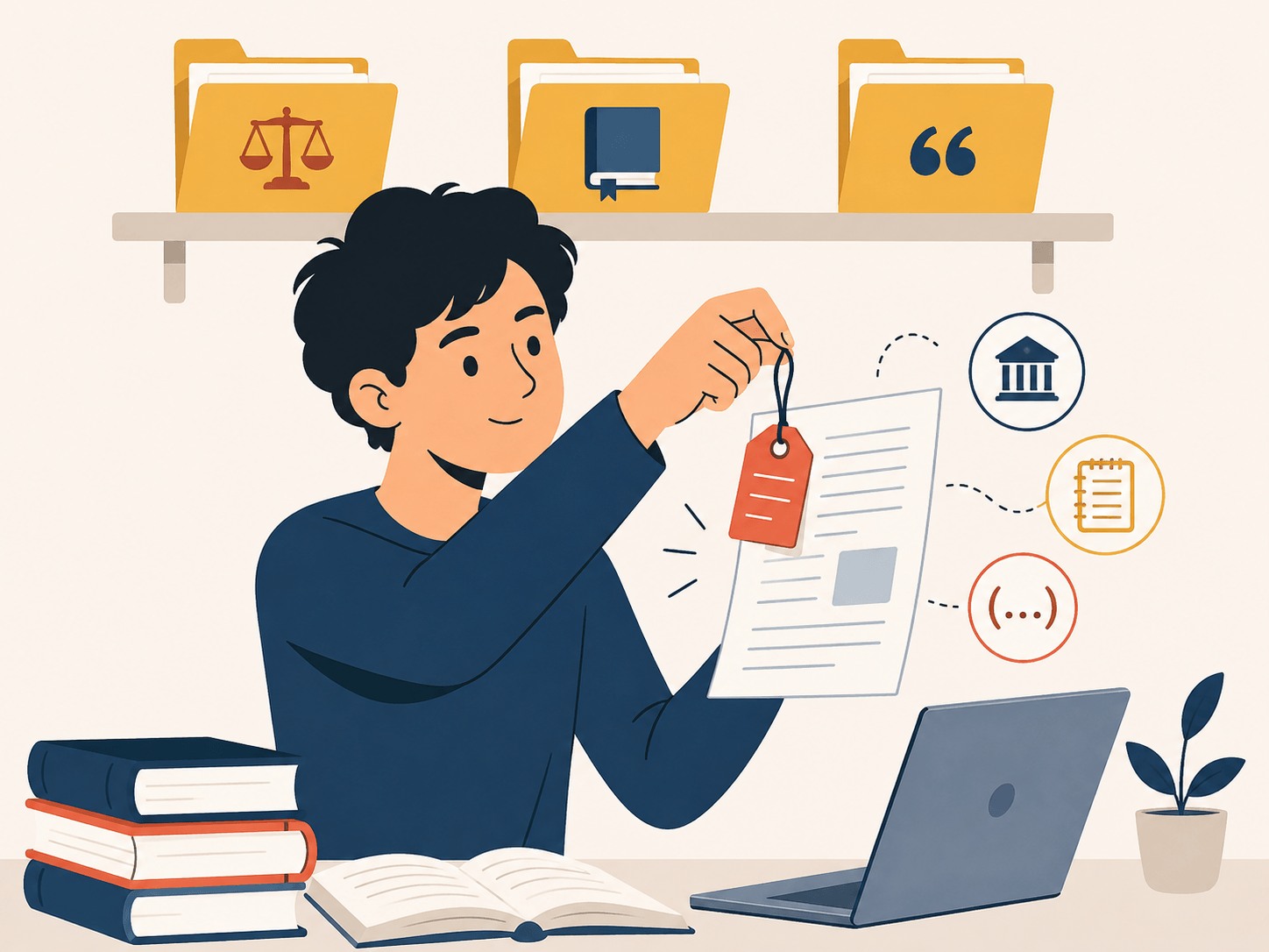 A university student carefully attaching a citation tag to a floating document surrounded by academic referencing style guides on a shelf