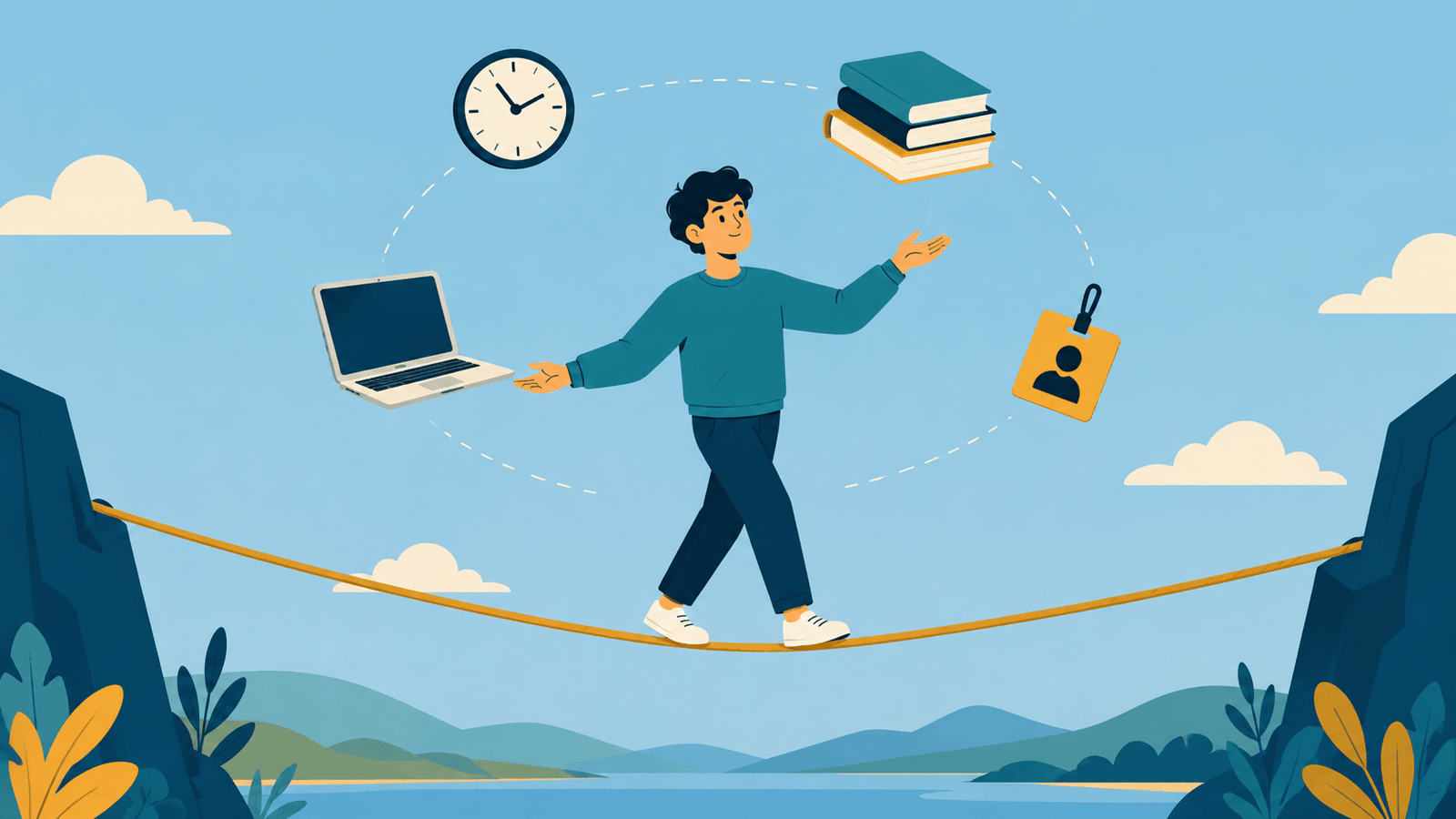 A university student balancing on a tightrope while juggling a clock books a laptop and a work badge in a controlled focused pose