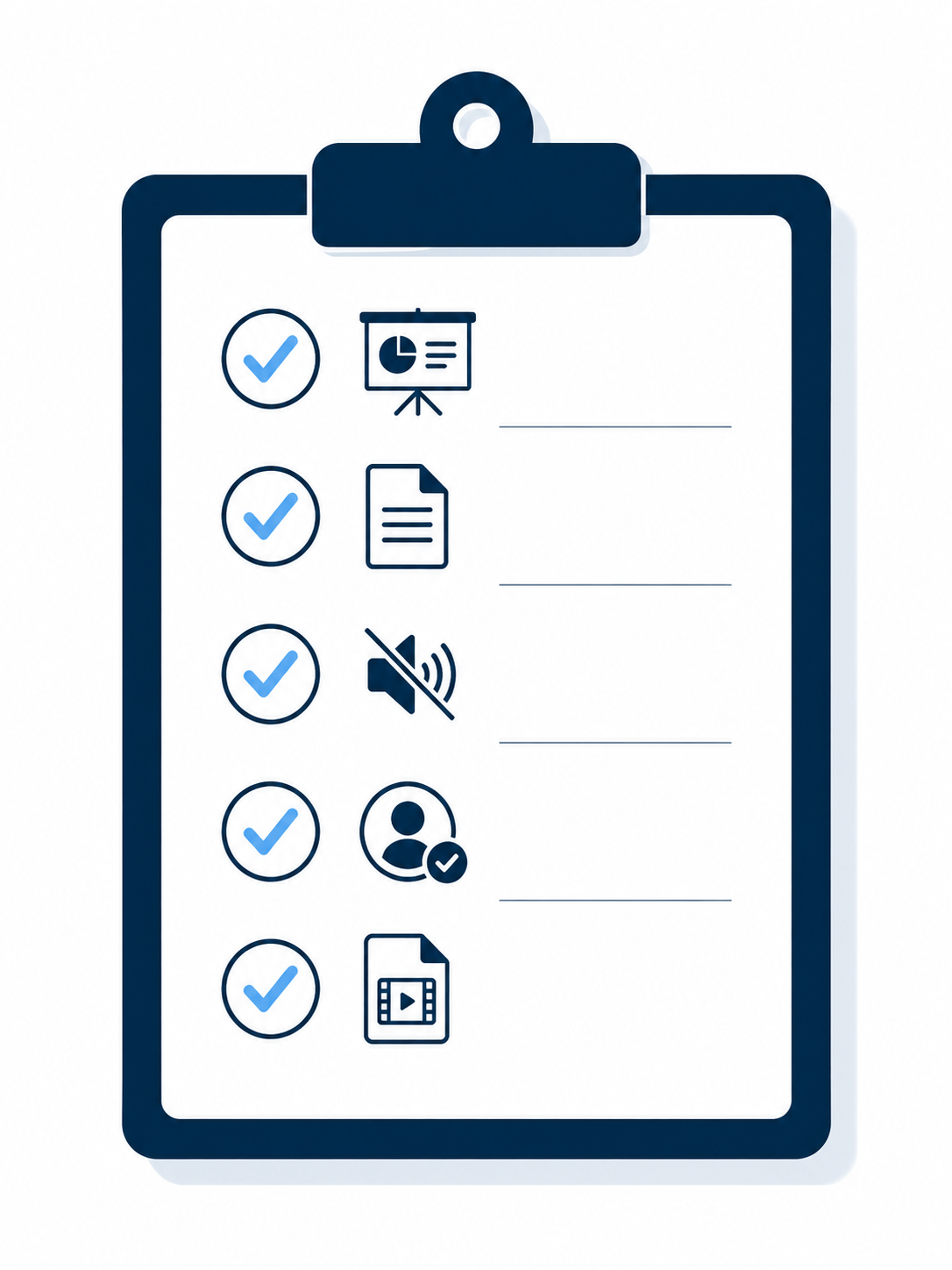 Clipboard checklist confirming slides, script, room, login, and file format are ready before recording