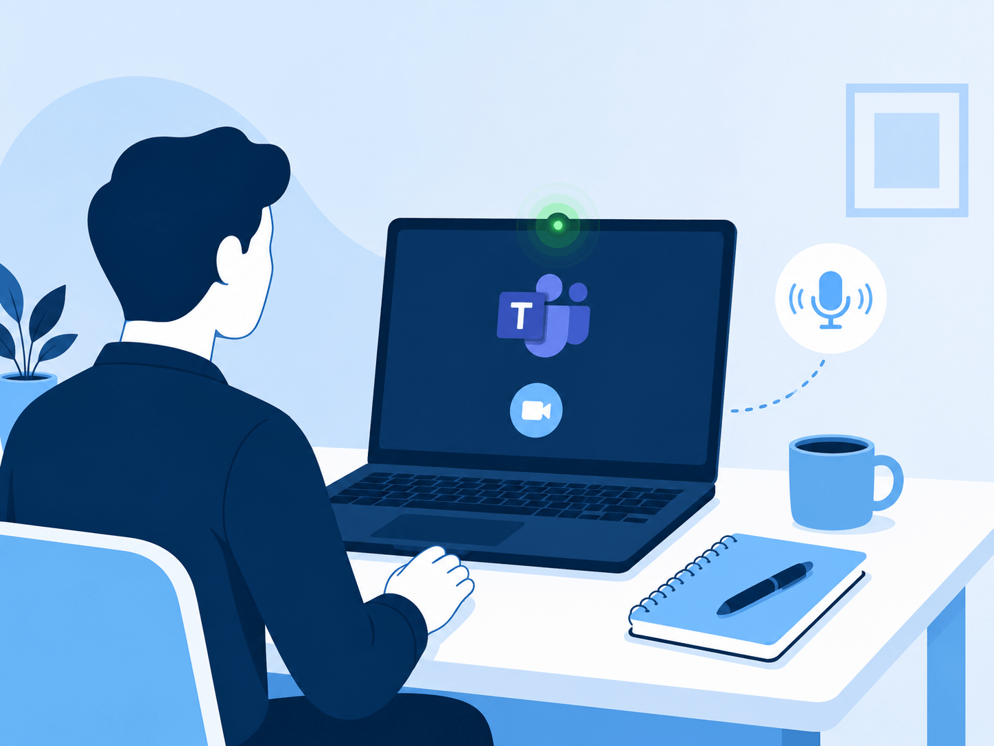 Person preparing camera and microphone before starting a solo Microsoft Teams recording