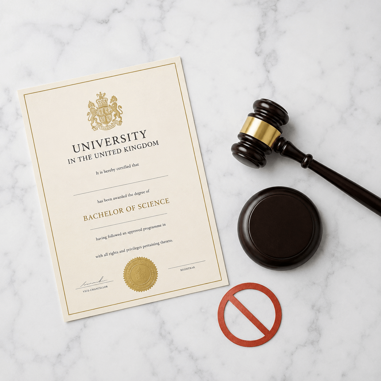 UK degree certificate beside a gavel representing the Skills and Post-16 Education Act 2022 ban on contract cheating
