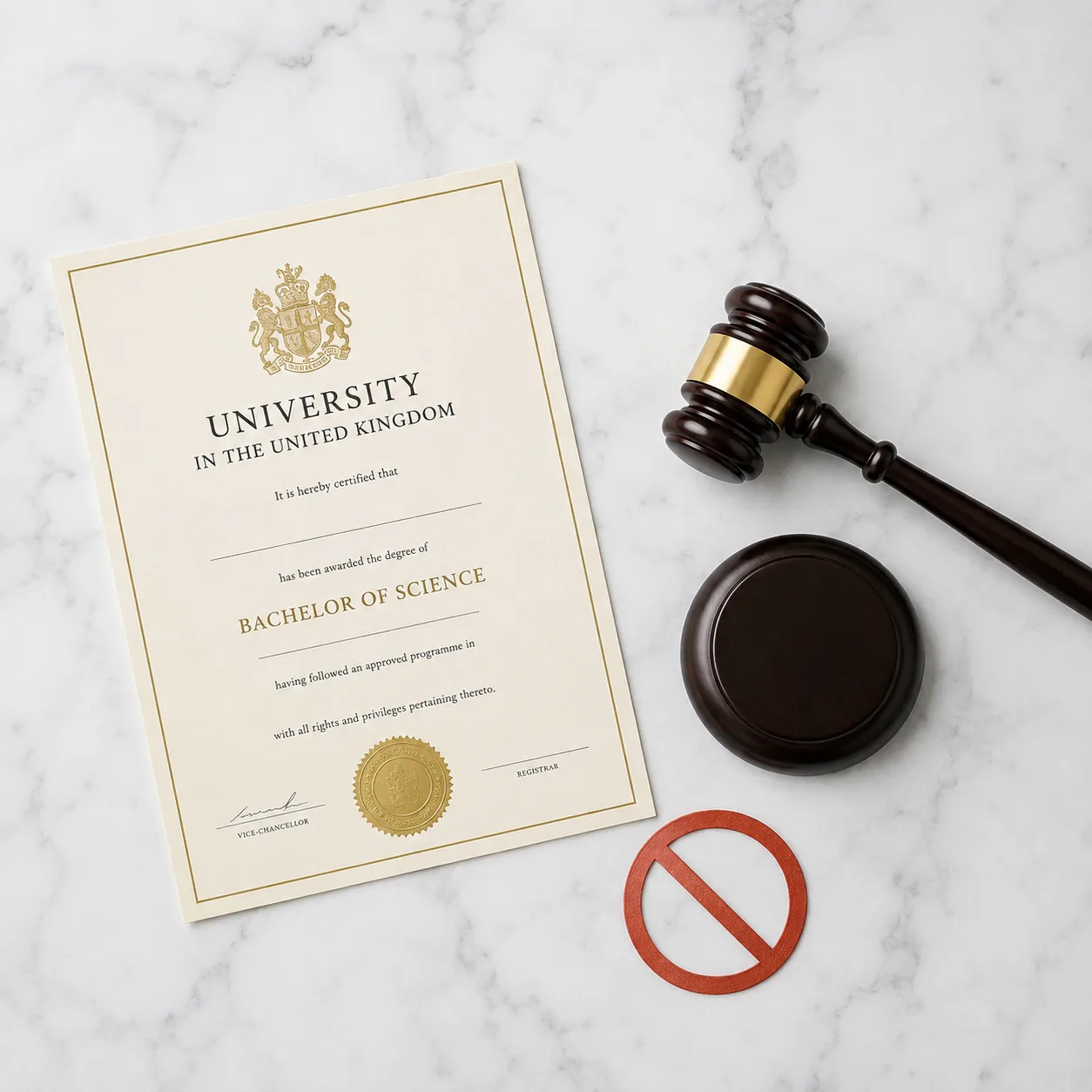 UK degree certificate beside a gavel representing the Skills and Post-16 Education Act 2022 ban on contract cheating