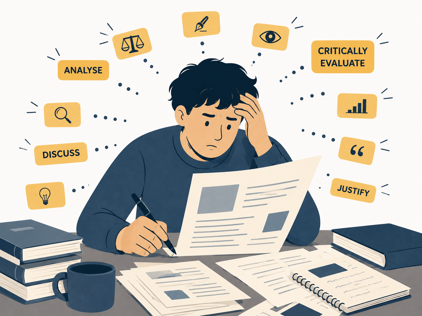 A confused university student at a desk studying a dense assignment brief with instruction verbs floating around them as visual labels