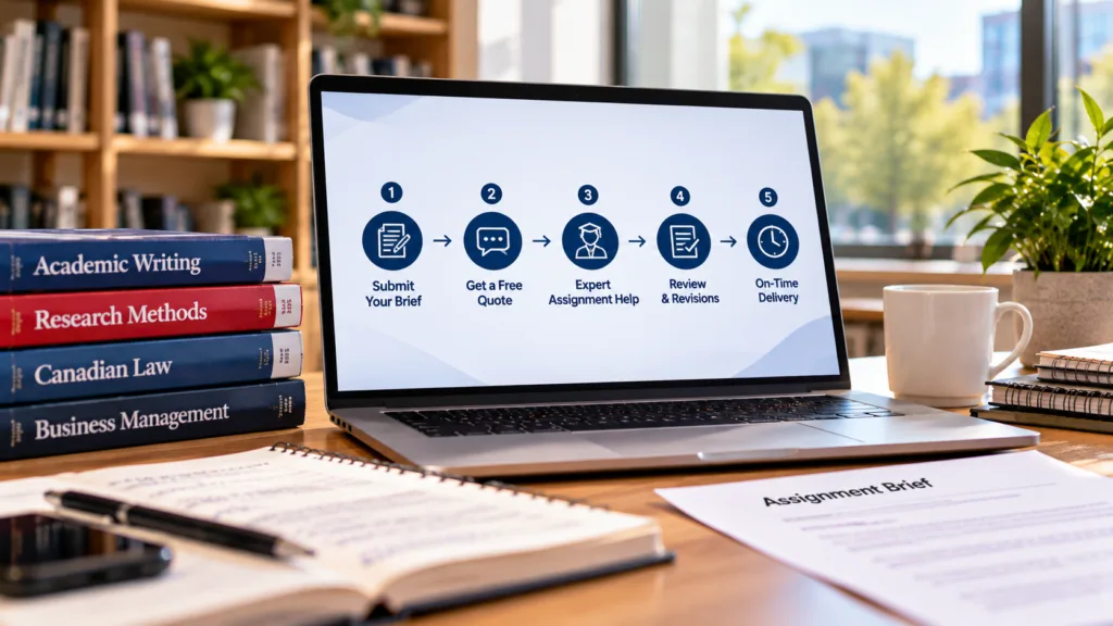 Academic assignment help workflow displayed on a laptop