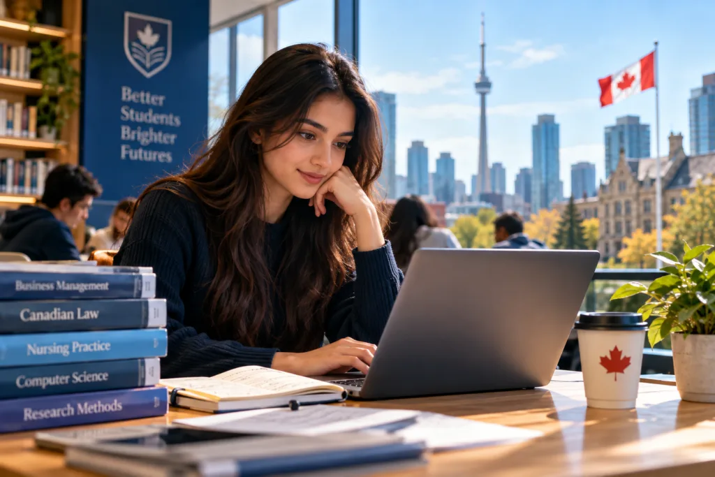 Student working on an assignment in a Canadian academic setting